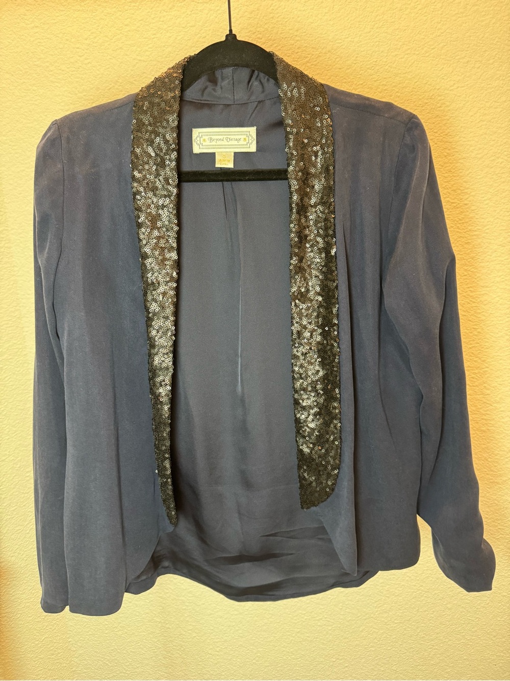 Beyond Vintage Black Sequin Shawl Collar Open Front Blazer Size S